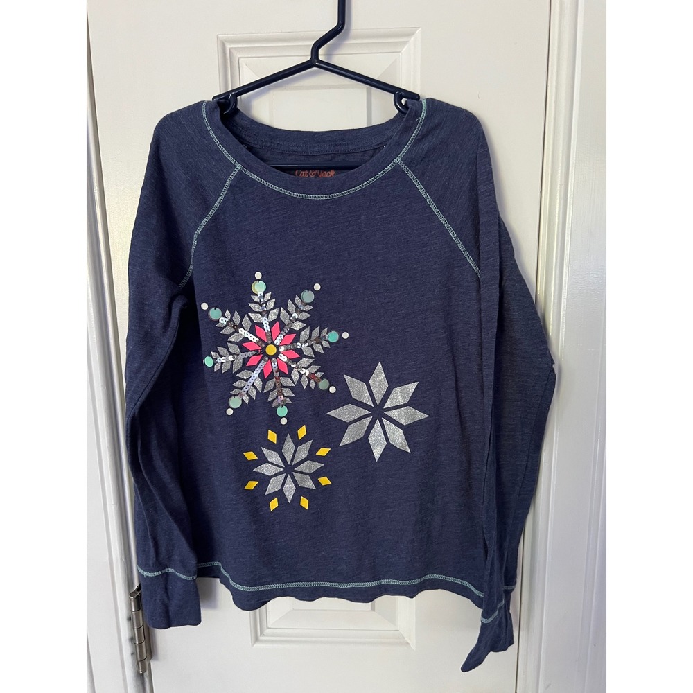 Cat & Jack Girls Navy Blue Snowflake Sequin Graphic Long Sleeve Tee Shirt M 7/8